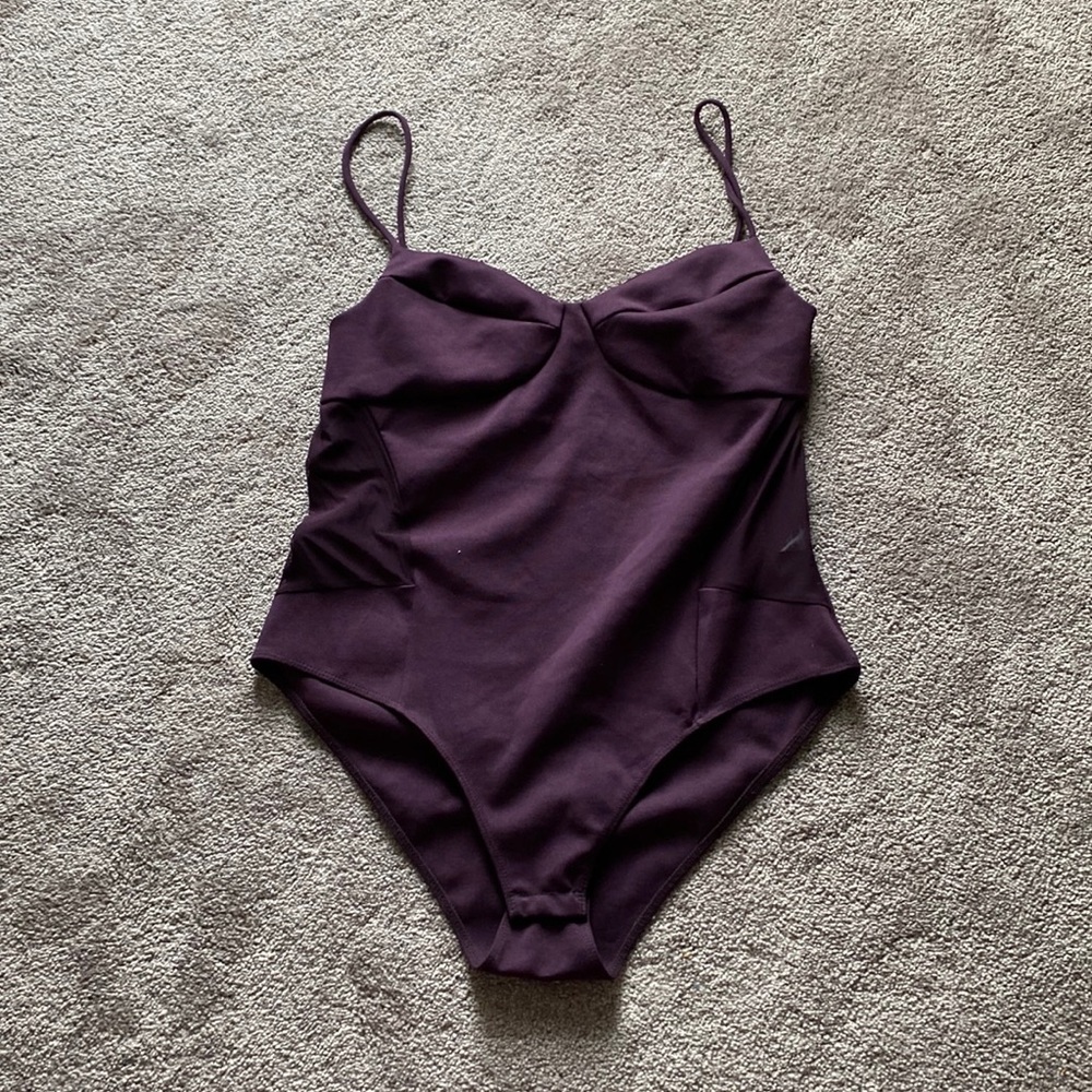 Topshop Purple Bodysuit SIZE 14 Cami Strap Ruched Bust Sleek Going Out